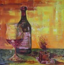 Stillleben Rotwein, Glas und Kerze
